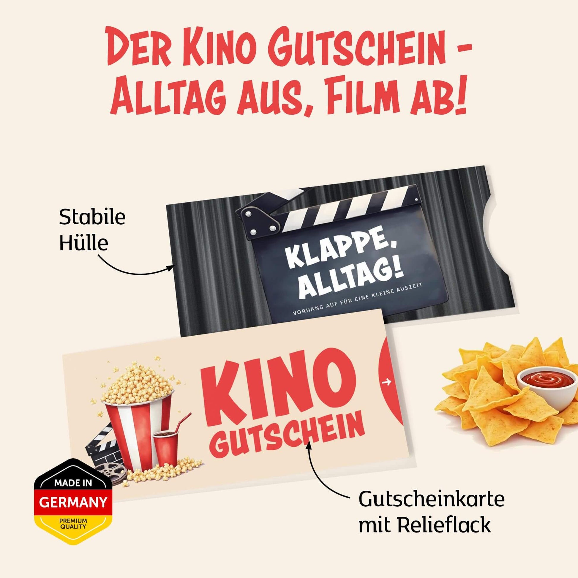 Witziger Kinogutschein mit stabiler Hülle und Relieflack, ideal als Geschenk für Filmfans.