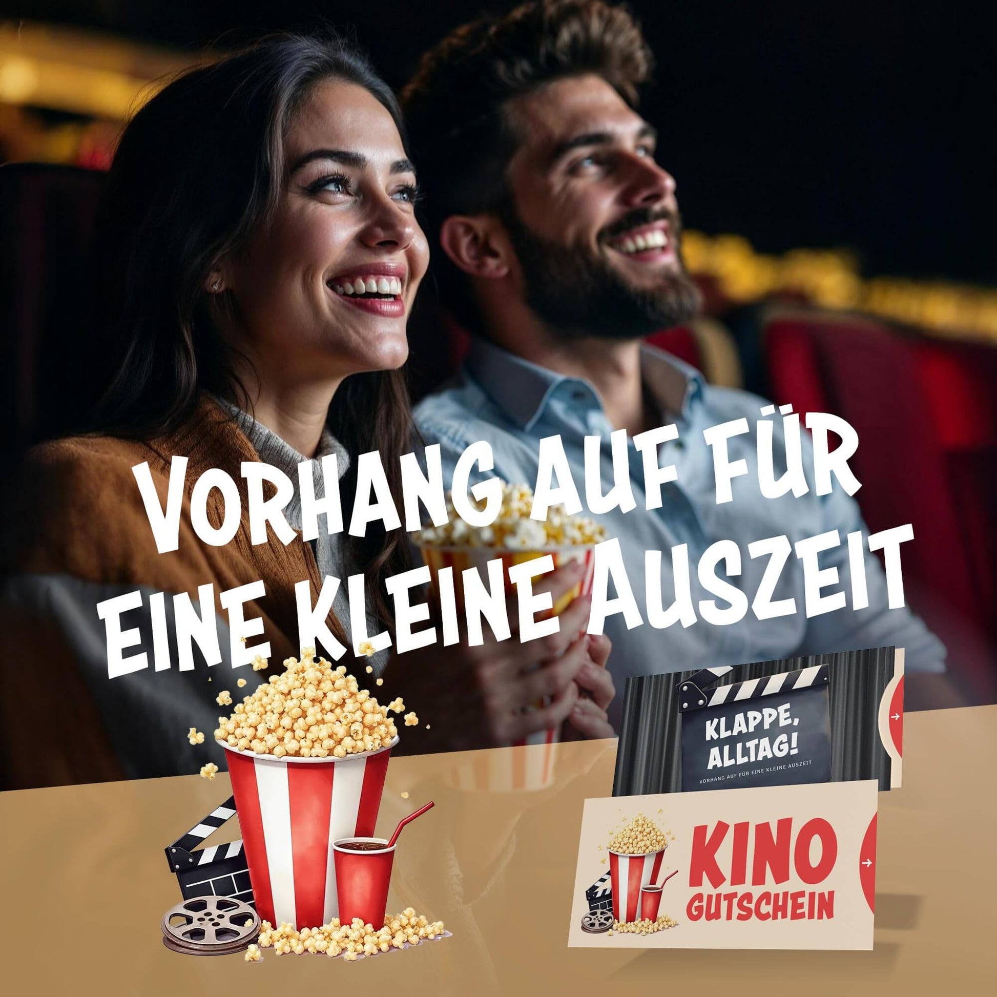 Paar im Kino mit Popcorn, hält witzigen Kinogutschein für entspannenden Filmabend.