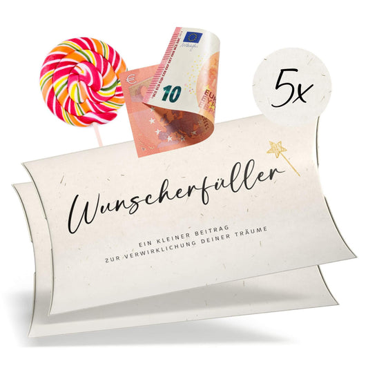 Geldgeschenk Verpackung Wunscherfüller mit Lollipop und Geldschein, Set aus 5 stilvollen Geschenkboxen, 25x12x3 cm.