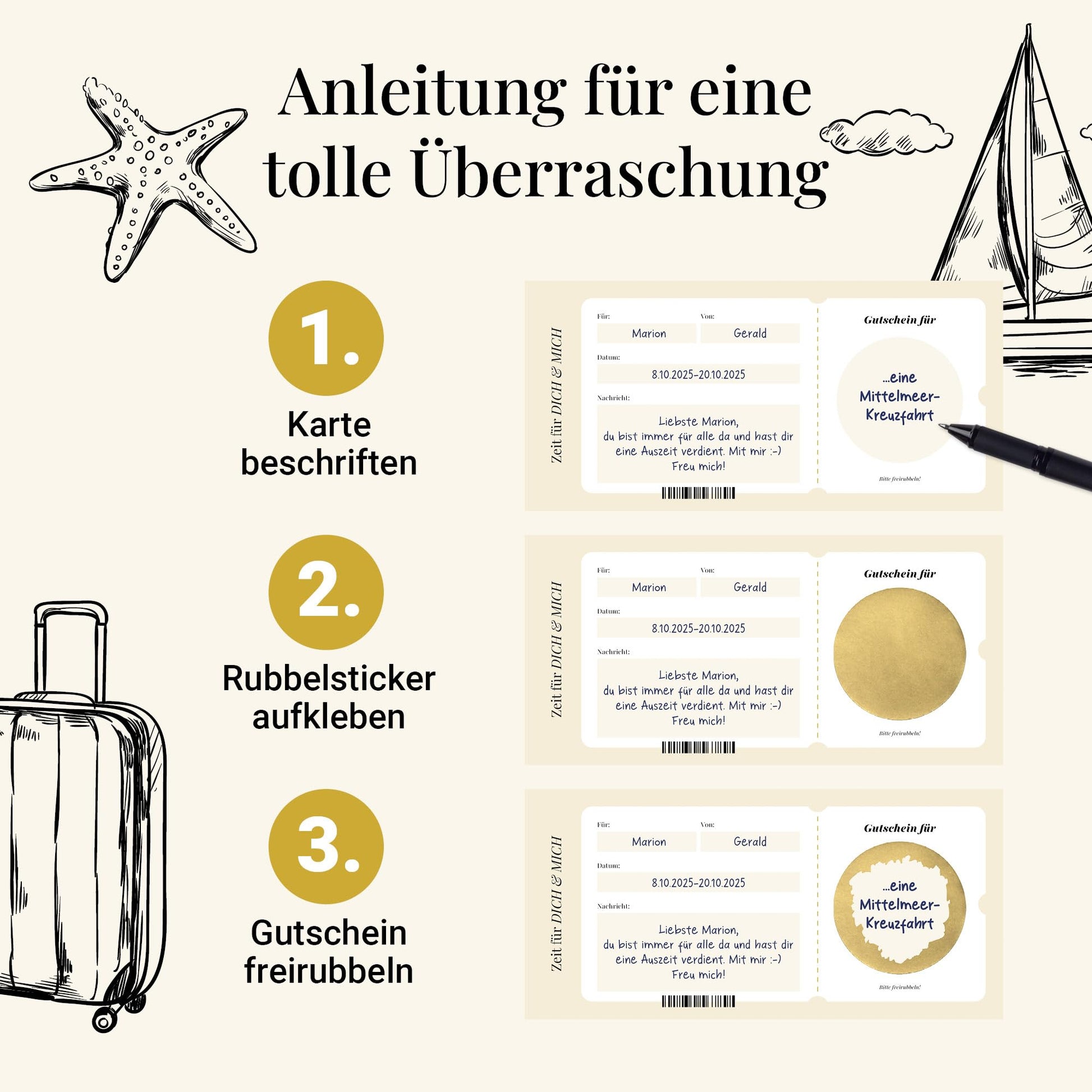 Anleitung für eine tolle Überraschung mit den Schritten für Zeit statt Zeug Gutschein – gemeinsame Zeit schenken mit We Time Karte.