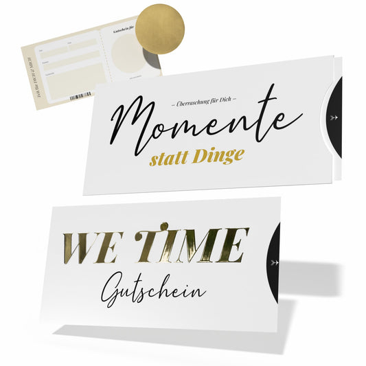 Zeit statt Zeug Gutschein – gemeinsame Zeit schenken mit We Time Karte, mit Hülle und Rubbelaufkleber, DIN lang.