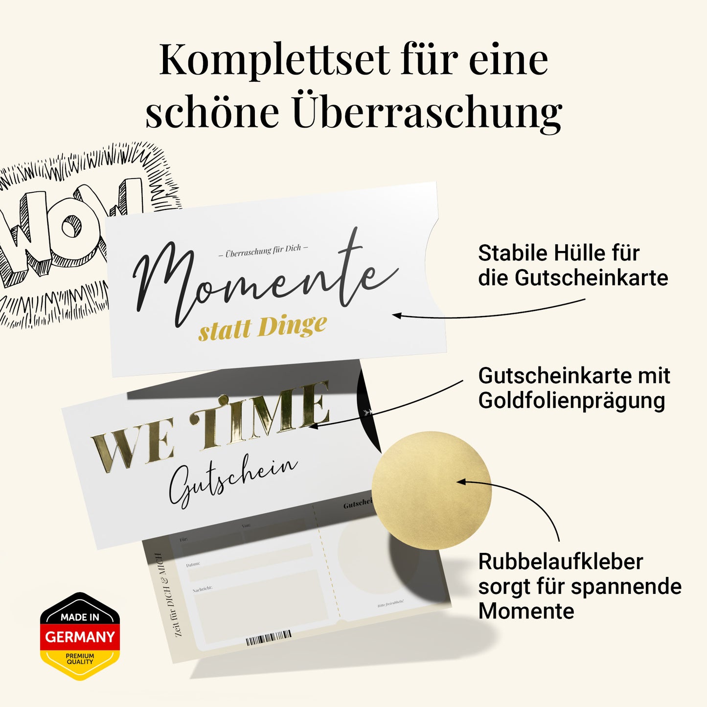 Zeit statt Zeug Gutschein – gemeinsame Zeit schenken mit We Time Karte, mit Hülle und Rubbelaufkleber, DIN lang.