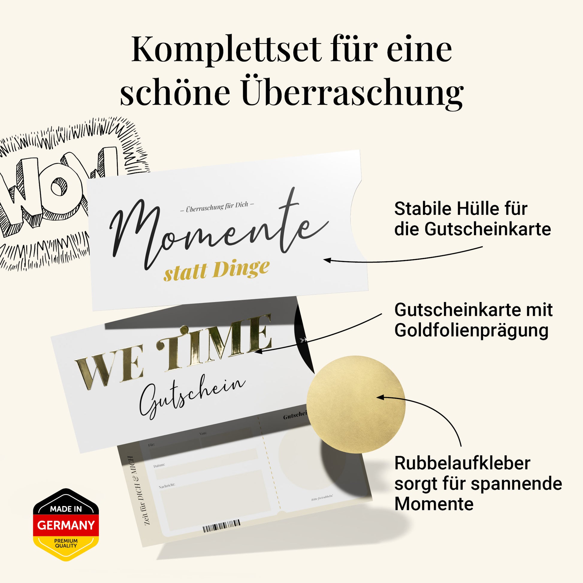 Zeit statt Zeug Gutschein – gemeinsame Zeit schenken mit We Time Karte, mit Hülle und Rubbelaufkleber, DIN lang.