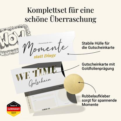Zeit statt Zeug Gutschein – gemeinsame Zeit schenken mit We Time Karte, mit Hülle und Rubbelaufkleber, DIN lang.