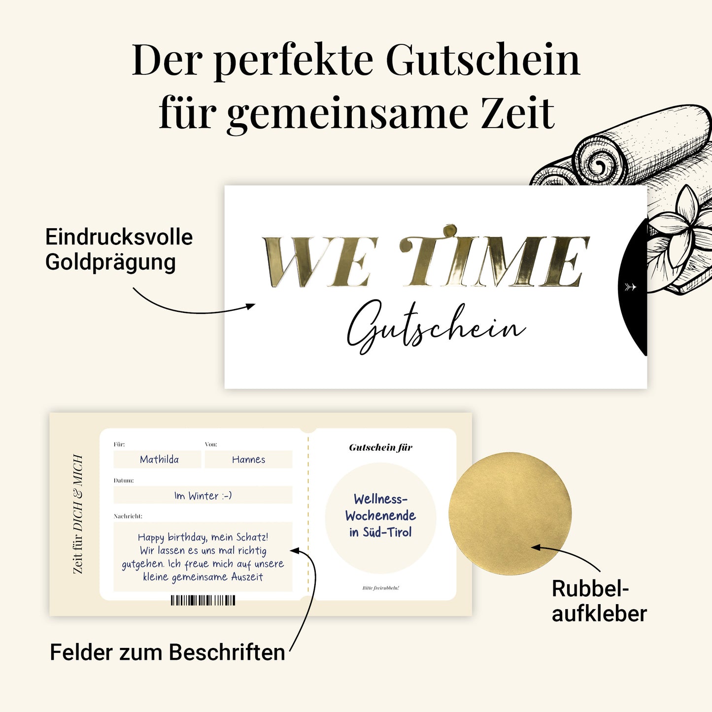 Zeit statt Zeug Gutschein – gemeinsame Zeit schenken mit We Time Karte, mit Hülle und Rubbelaufkleber, DIN lang.